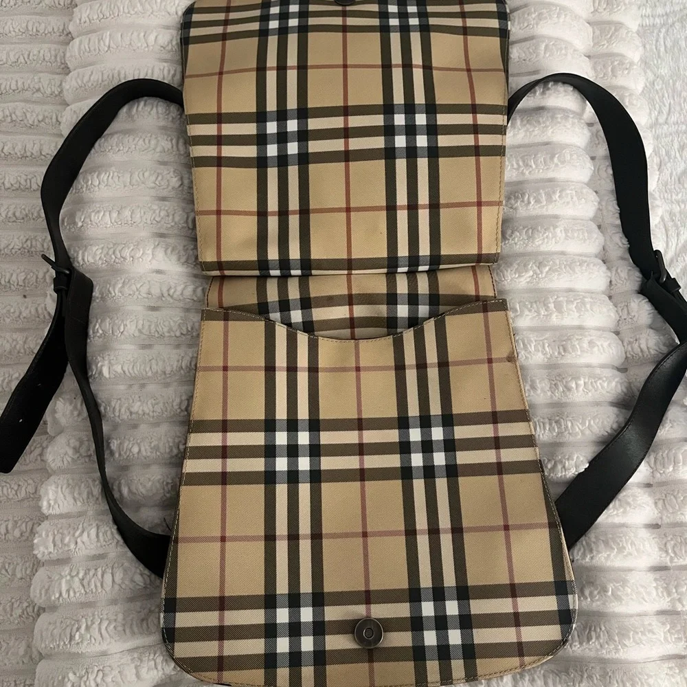 Burberry Tan Plaid Canvas Backpack with Black Straps